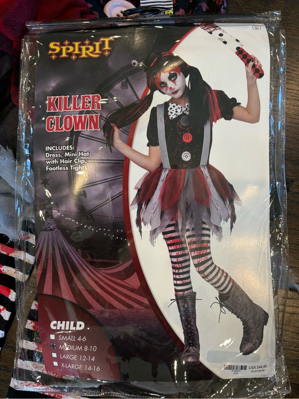Spirit Halloween Killer Clown Child Costume Dress, Hat, Tights Wig Size M 8-10